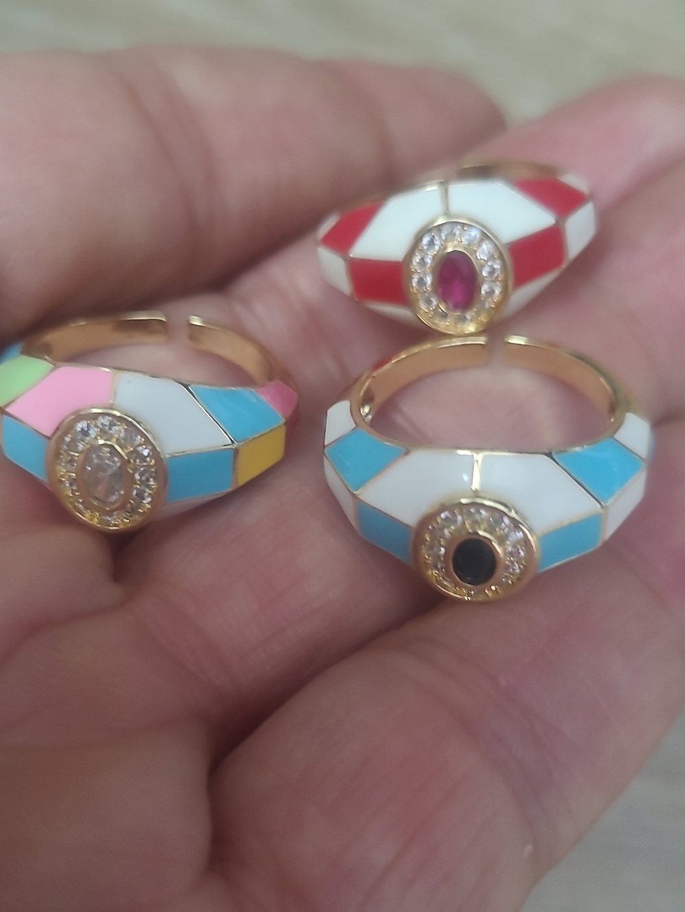 Gold-Tone Enamel Cocktail Ring with Blue and White Inlay